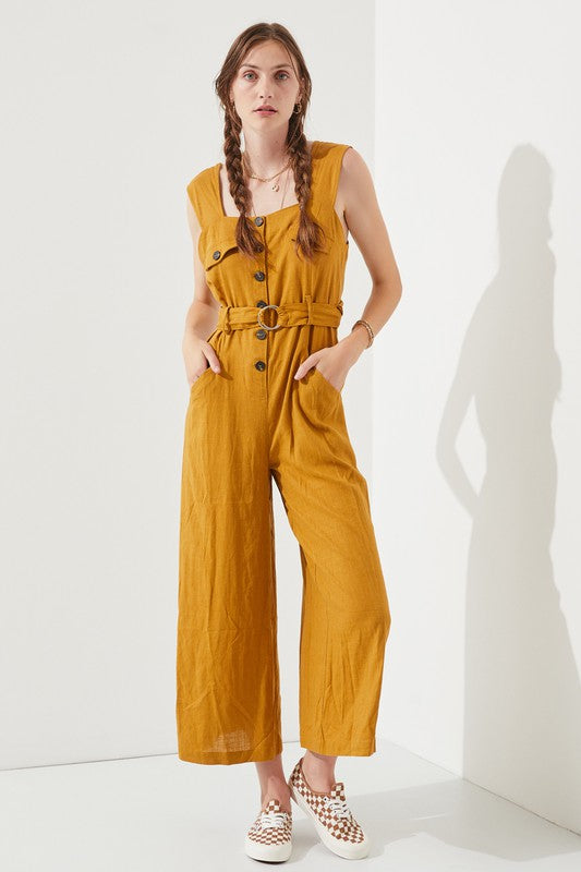 Riviera Square Neck Button-Down Jumpsuit in MUSTARD - button front, wide leg - front view