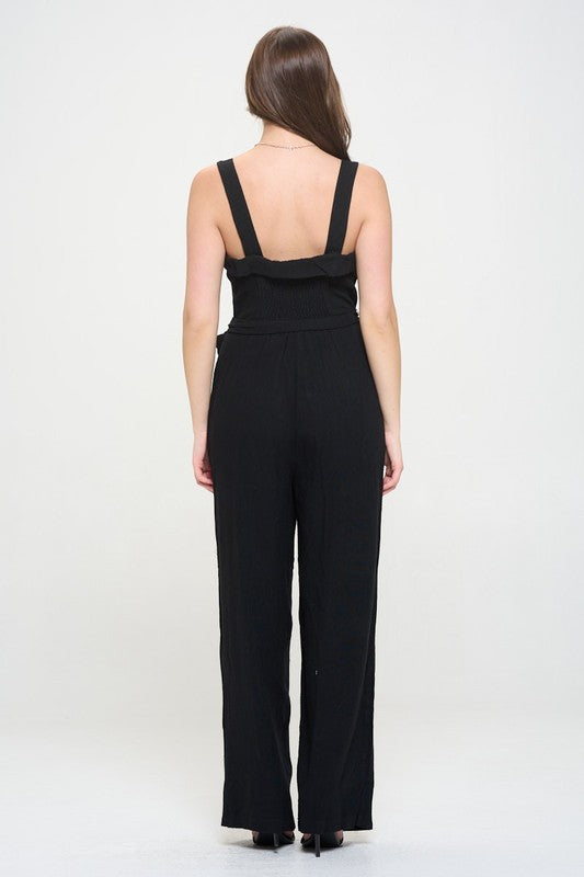 Riviera Square Neck Button-Down Linen Blend Jumpsuit - button front, relaxed fit - view 12