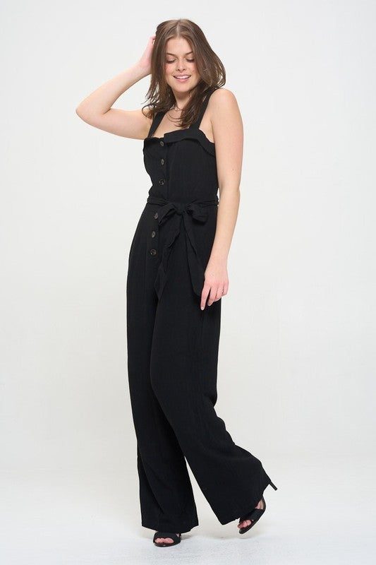 Riviera Square Neck Button-Down Linen Blend Jumpsuit - button front, relaxed fit - view 13