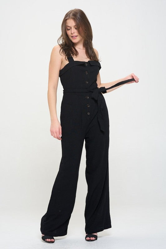 Riviera Square Neck Button-Down Linen Blend Jumpsuit - button front, relaxed fit - view 14