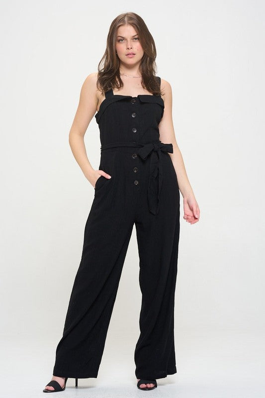 Riviera Square Neck Button-Down Linen Blend Jumpsuit - button front, relaxed fit - color options