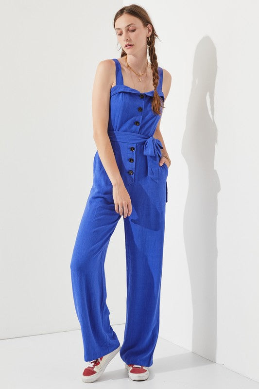 Riviera Square Neck Button-Down Linen Blend Jumpsuit - button front, relaxed fit - alternate view
