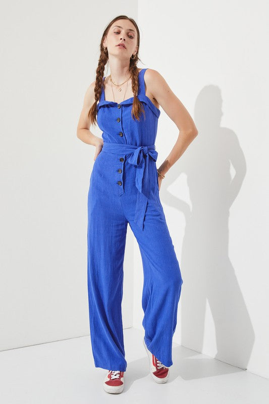 Riviera Square Neck Button-Down Linen Blend Jumpsuit - button front, relaxed fit - detail view