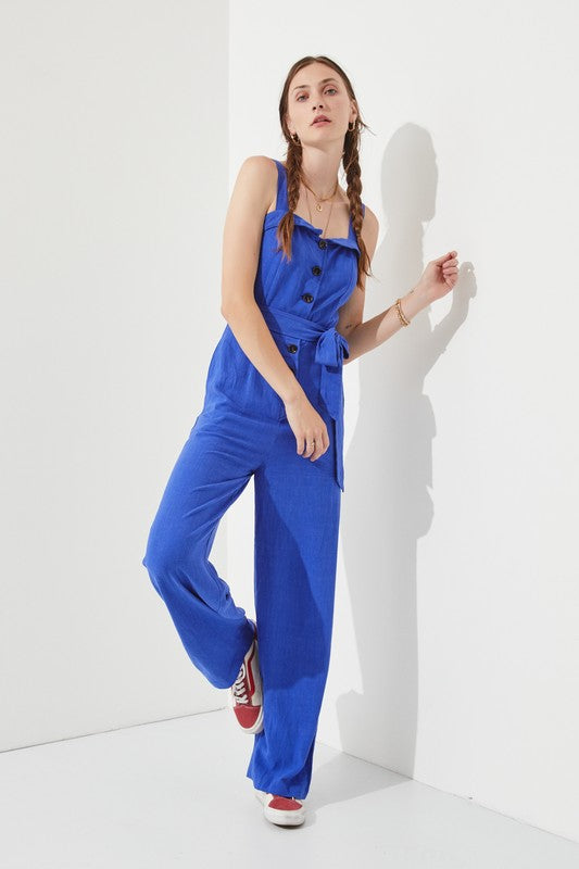 Riviera Square Neck Button-Down Linen Blend Jumpsuit - button front, relaxed fit - view 5