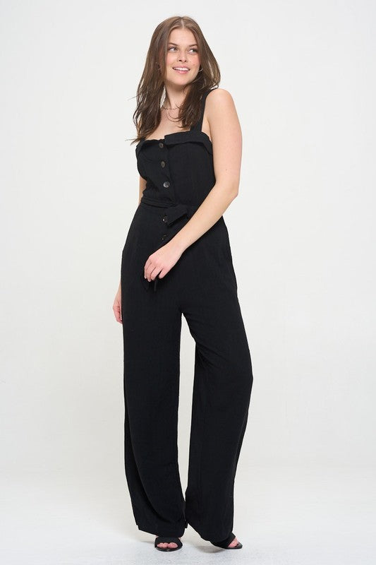 Riviera Square Neck Button-Down Linen Blend Jumpsuit in BLACK - button front, relaxed fit - view 9