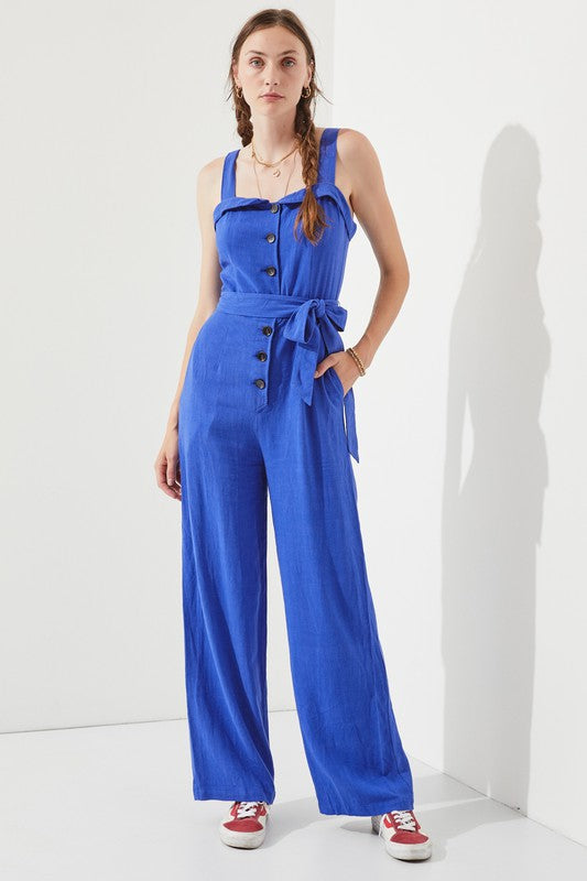 Riviera Square Neck Button-Down Linen Blend Jumpsuit in ROYAL BLUE - button front, relaxed fit - front view
