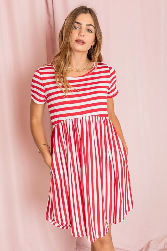Riviera Striped Babydoll Mini Dress in Red - round neck, relaxed fit - front view