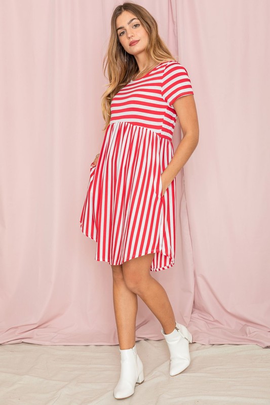 Riviera Striped Babydoll Mini Dress in Red - round neck, relaxed fit - alternate view