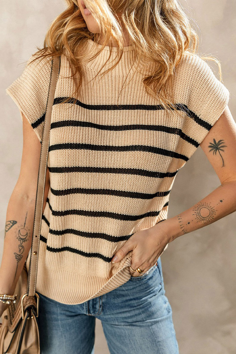 Riviera Striped Ribbed High Neck Flutter Sleeve Sweater in Khaki - relaxed fit, mini - front view