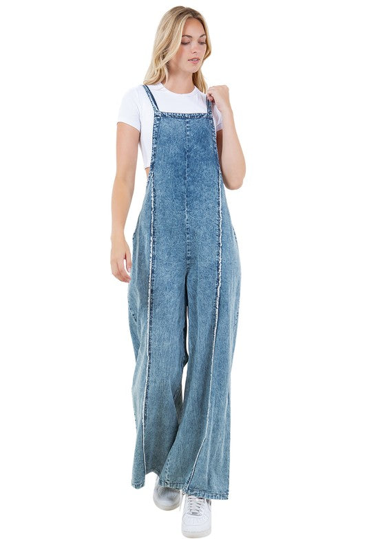 Riviera Wide-Leg Denim Jumpsuit With Adjustable Straps in BLUE - cropped, wide leg - alternate view