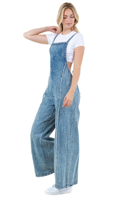 Riviera Wide-Leg Denim Jumpsuit With Adjustable Straps in BLUE - cropped, wide leg - view 4