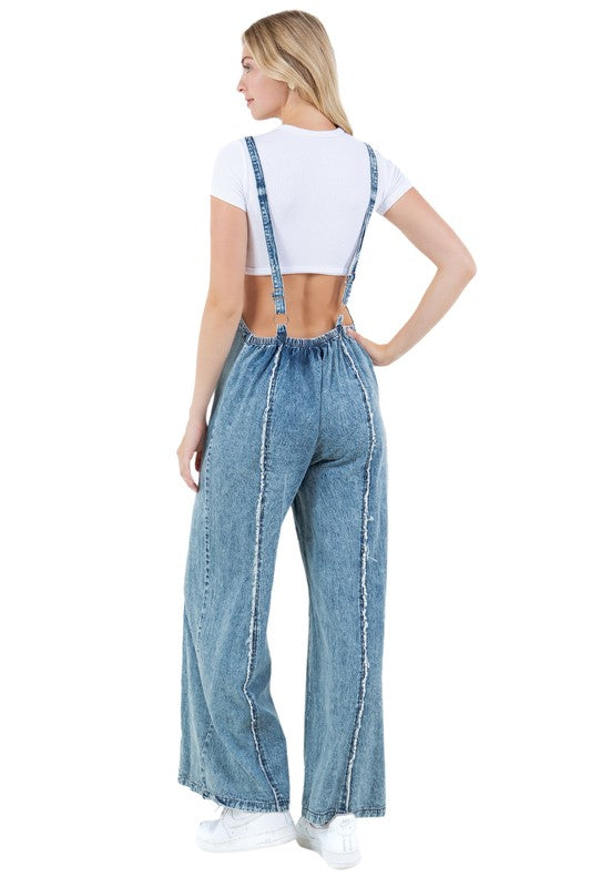 Riviera Wide-Leg Denim Jumpsuit With Adjustable Straps in BLUE - cropped, wide leg - view 5