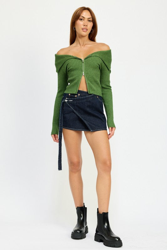 Riviera Wrapped Mini Denim Skirt in DARK DENIM - off shoulder, mini - front view
