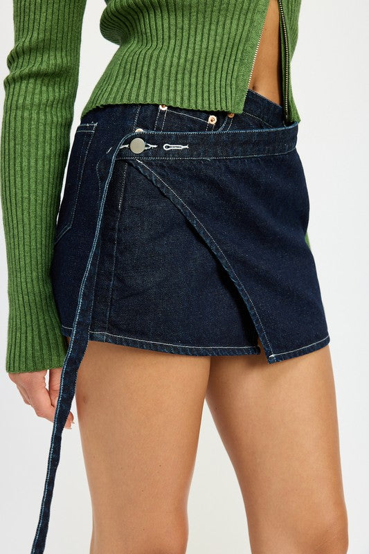 Riviera Wrapped Mini Denim Skirt in DARK DENIM - off shoulder, mini - alternate view