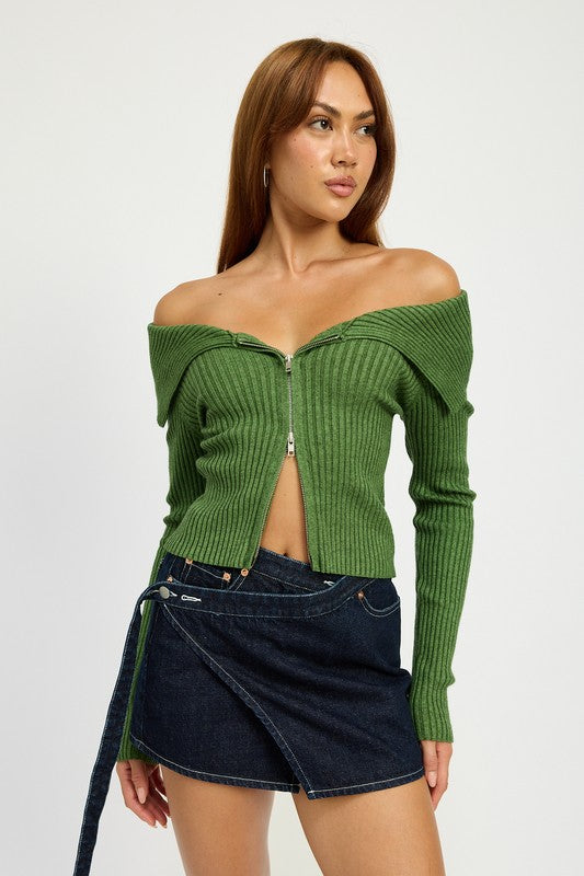 Riviera Wrapped Mini Denim Skirt in DARK DENIM - off shoulder, mini - detail view