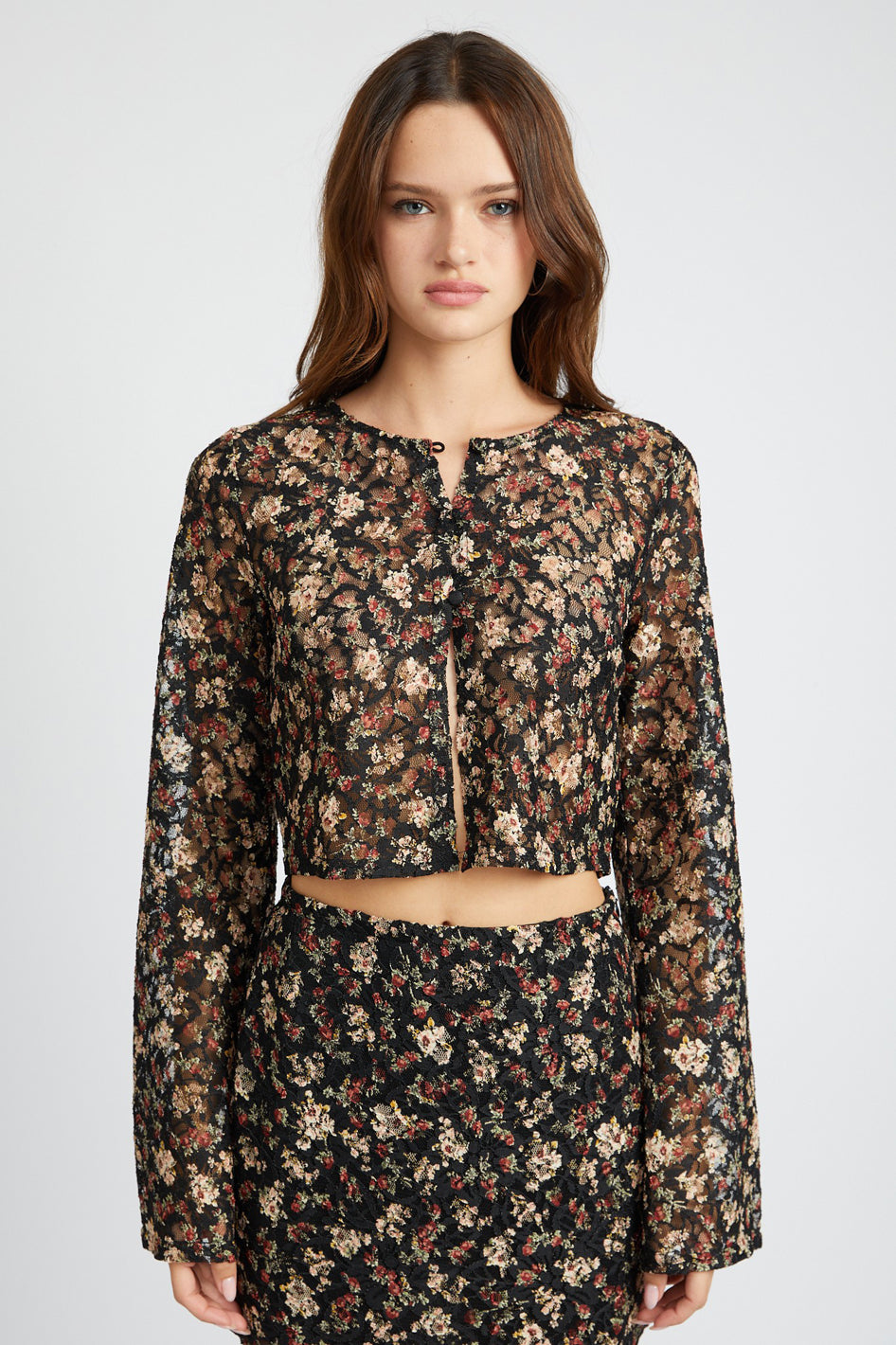 Rosemont Bell Sleeve Cropped Top in BLACK FLORAL - cropped, mini - front view