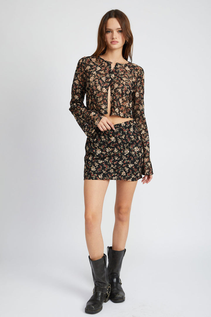 Rosemont Bell Sleeve Cropped Top in BLACK FLORAL - cropped, mini - detail view