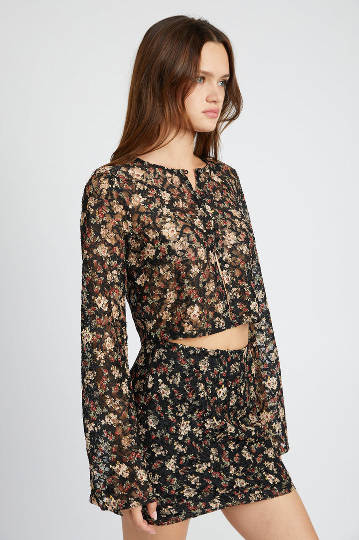 Rosemont Bell Sleeve Cropped Top in BLACK FLORAL - cropped, mini - view 4
