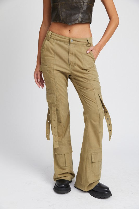 Runway Tactical Low Rise Cargo Flare Pants in OLIVE - relaxed fit, oversized - front view