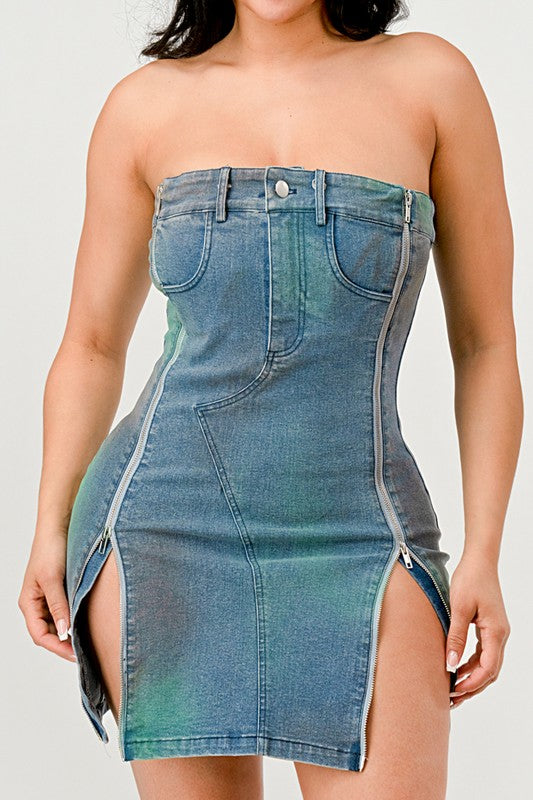 Rush Hour Strapless Denim Mini Dress in DENIM - turtleneck, mini - front view