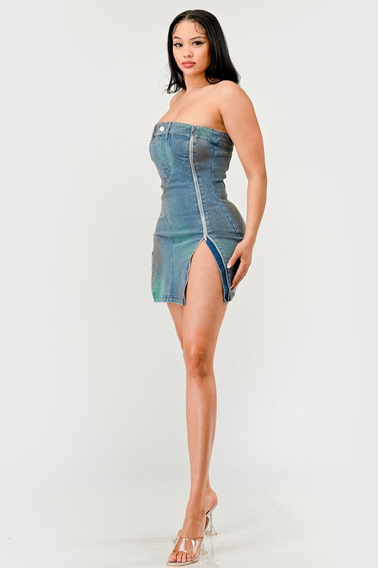 Rush Hour Strapless Denim Mini Dress in DENIM - turtleneck, mini - view 12