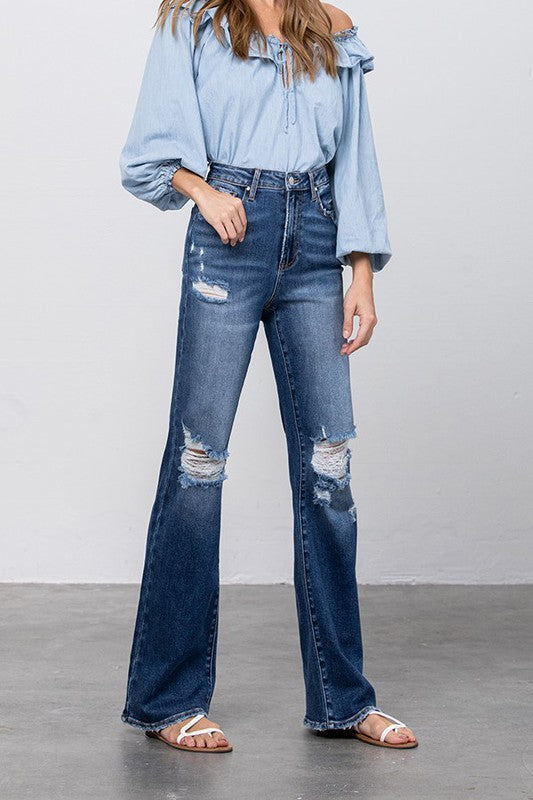 Sahara High Waist Distressed Flare Jeans in DARK - oversized, high waist - front view