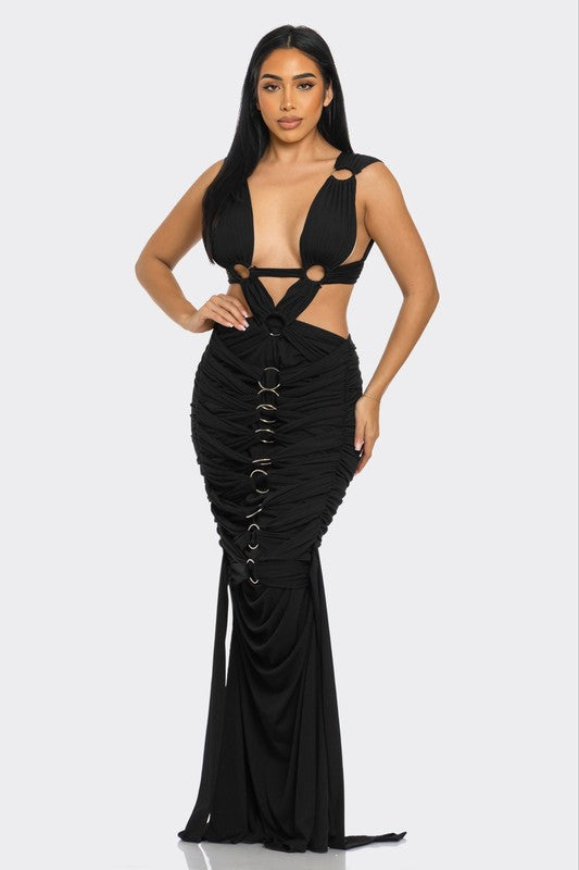 Sahara Mystique Pleated Evening Gown in BLACK - maxi, mini - front view