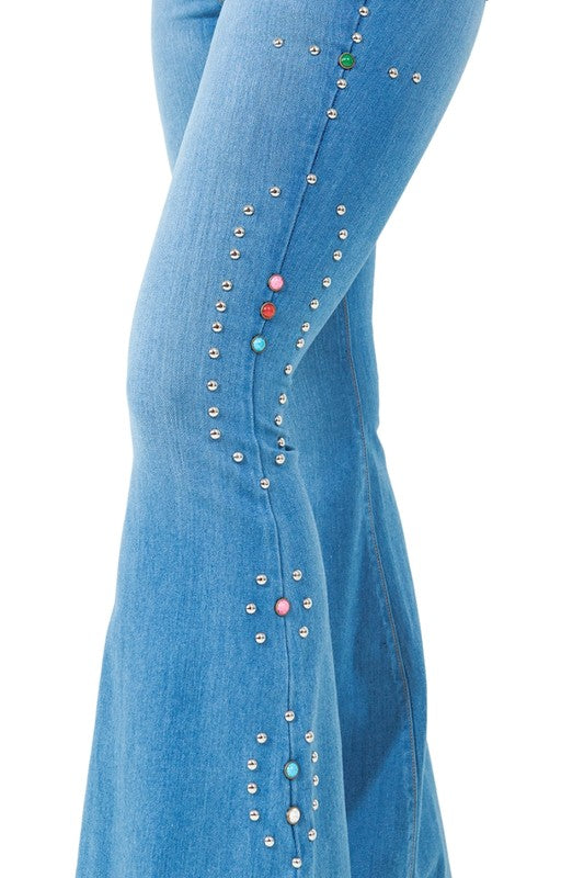 Santa Rosa Studded Bell Bottom Jeans | High-Rise Retro Denim in Medium Wash - maxi, lace - front view