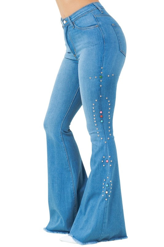 Santa Rosa Studded Bell Bottom Jeans | High-Rise Retro Denim in Medium Wash - maxi, lace - alternate view
