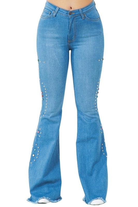 Santa Rosa Studded Bell Bottom Jeans | High-Rise Retro Denim in Medium Wash - maxi, lace - view 4