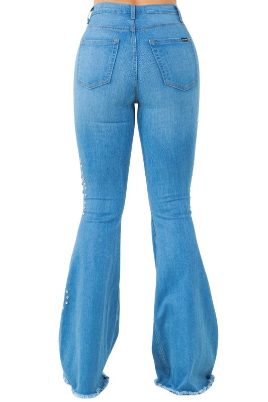 Santa Rosa Studded Bell Bottom Jeans | High-Rise Retro Denim in Medium Wash - maxi, lace - view 6