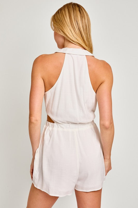 Santorini Button-Down Collared Sleeveless Romper in WHITE - cropped, sleeveless - view 4