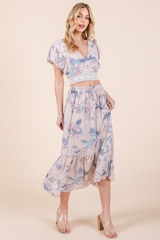 Santorini Ruffle Hem Floral Maxi Skirt in Lt. Pink - maxi, mini - front view