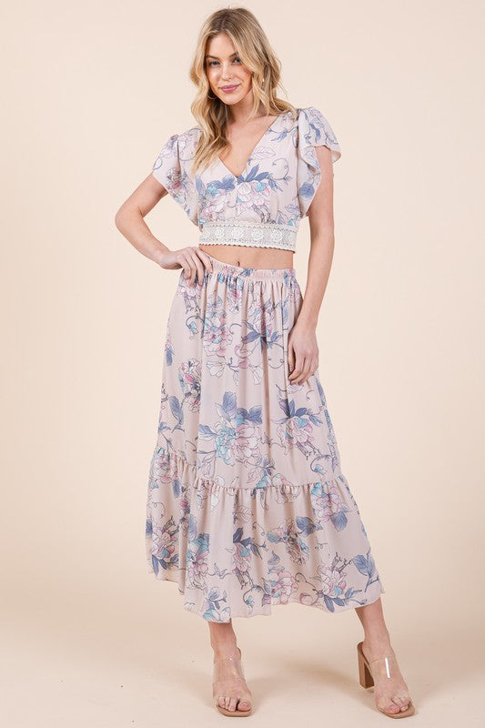 Santorini Ruffle Hem Floral Maxi Skirt in Lt. Pink - maxi, mini - alternate view