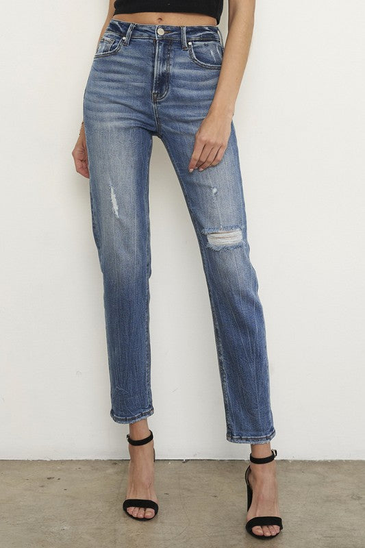Savannah High Rise Girlfriend Jeans With Distressed Detail in DARK - slim fit, oversized - view 6