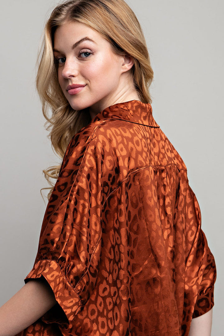 Savannah Luxe Satin Animal Print Button Down Shirt - slim fit, oversized - alternate view
