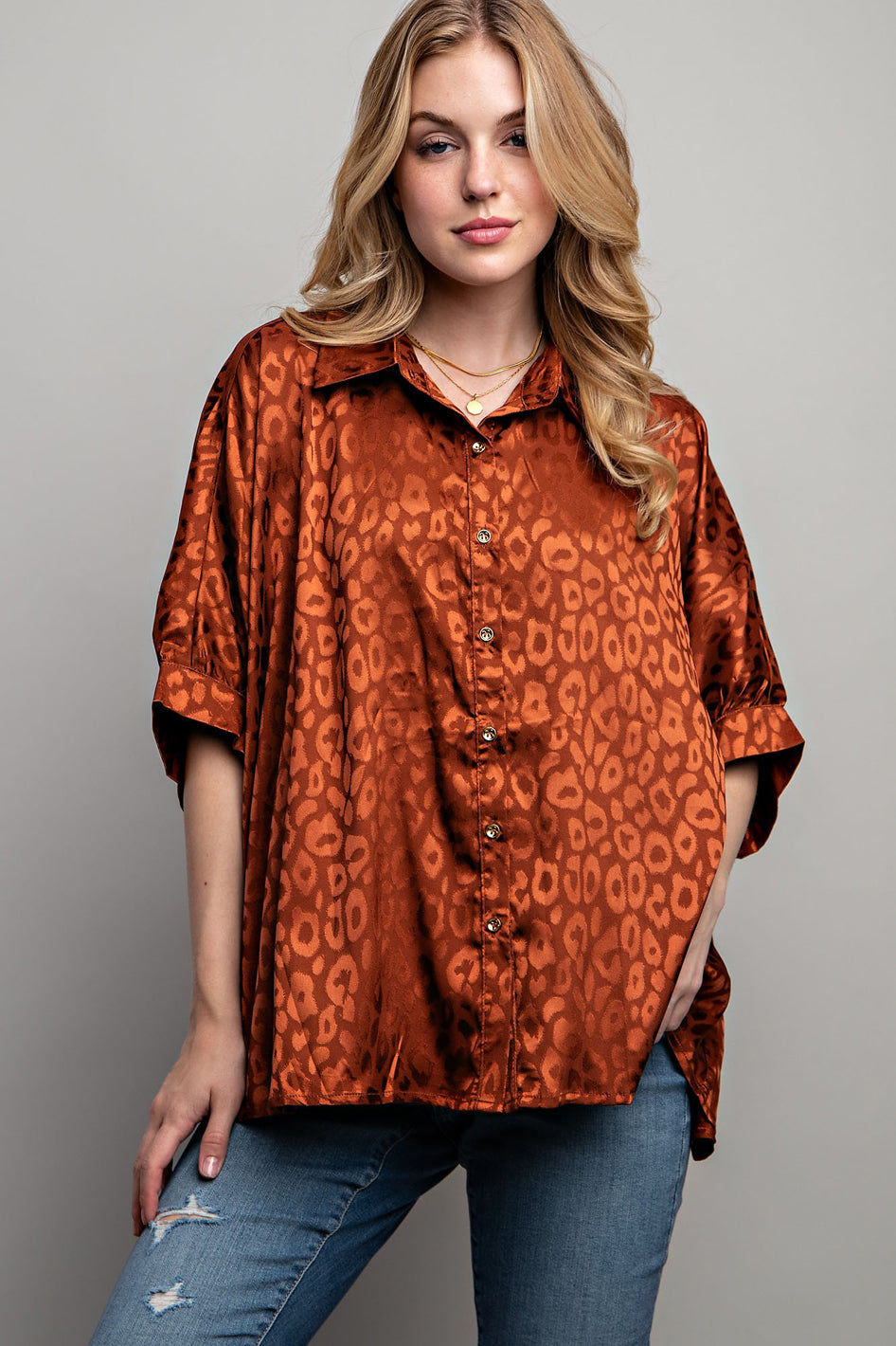 Savannah Luxe Satin Animal Print Button Down Shirt - slim fit, oversized - detail view