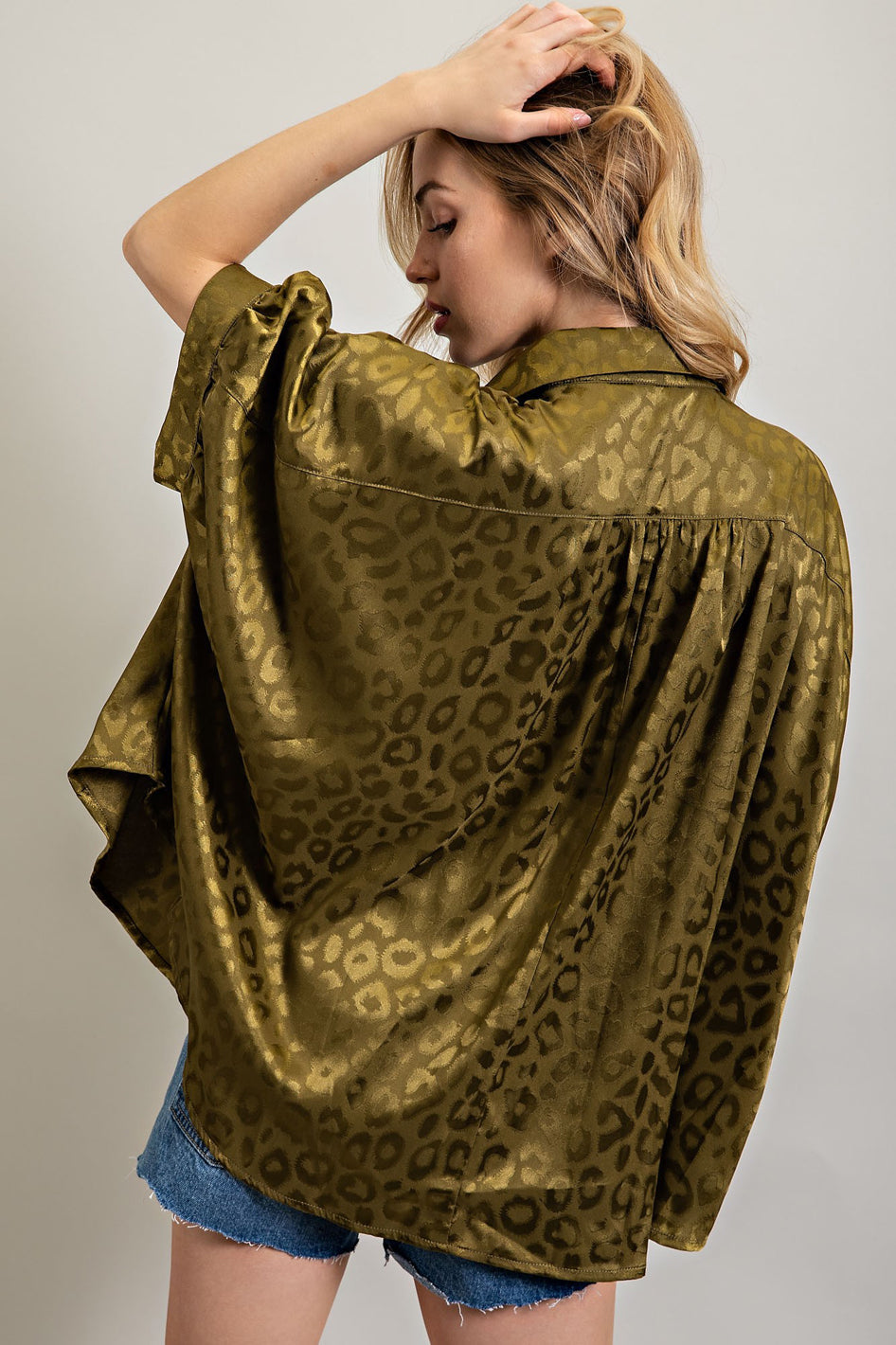 Savannah Luxe Satin Animal Print Button Down Shirt - slim fit, oversized - view 8