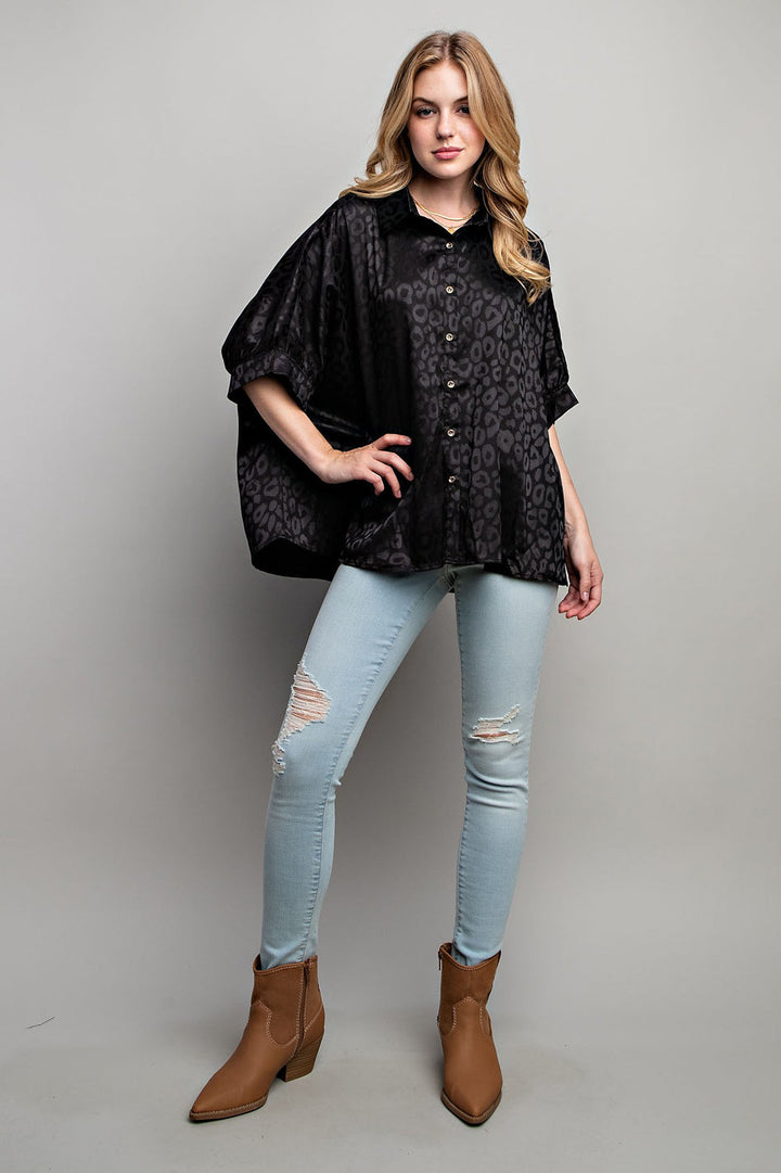 Savannah Luxe Satin Animal Print Button Down Shirt in Black - slim fit, oversized - view 9
