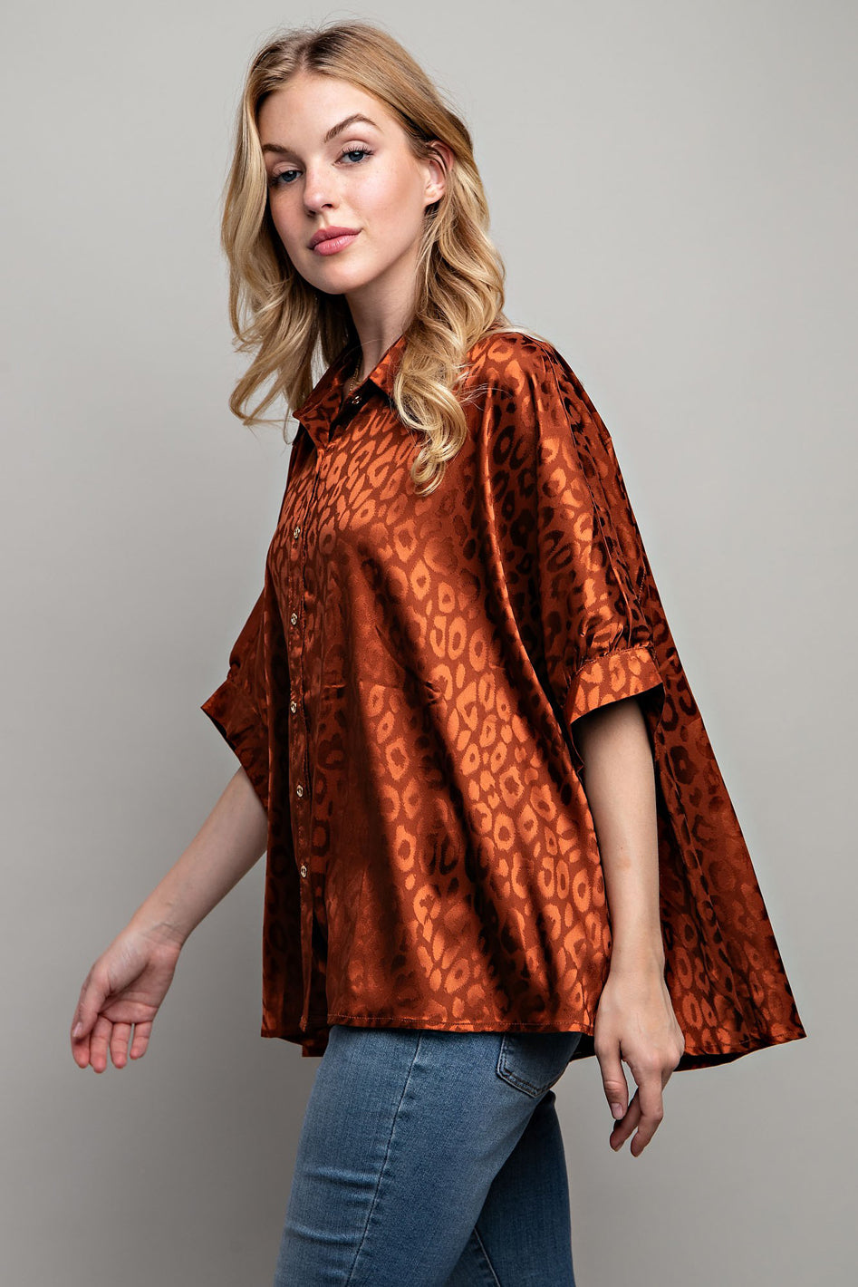 Savannah Luxe Satin Animal Print Button Down Shirt in Brown - slim fit, oversized - front view