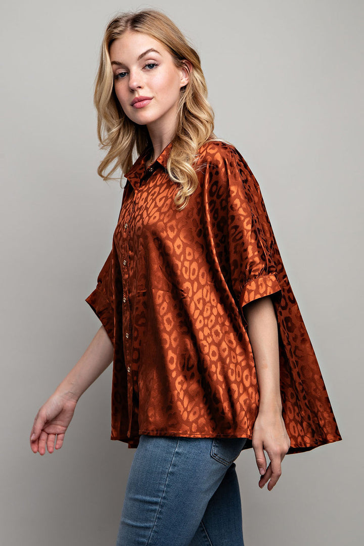 Savannah Luxe Satin Animal Print Button Down Shirt in Brown - slim fit, oversized - front view
