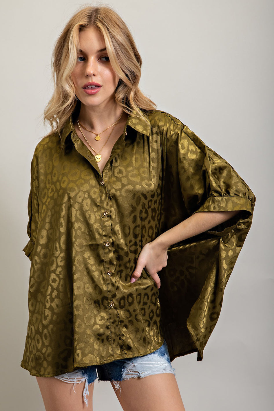 Savannah Luxe Satin Animal Print Button Down Shirt in Olive - slim fit, oversized - view 5