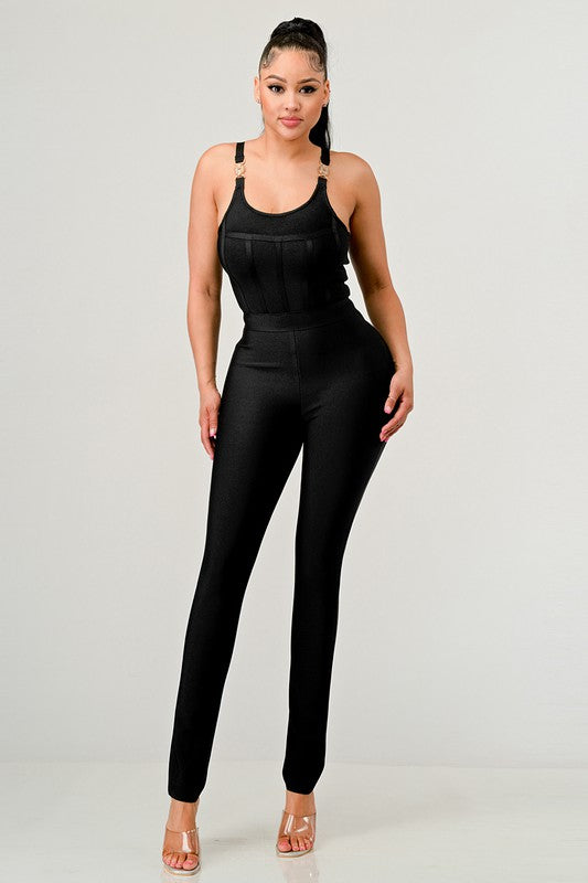 Savannah Sleek Bandage Bodycon Jumpsuit With Gold Hardware in BLACK - lace, sleeveless - alternate view
