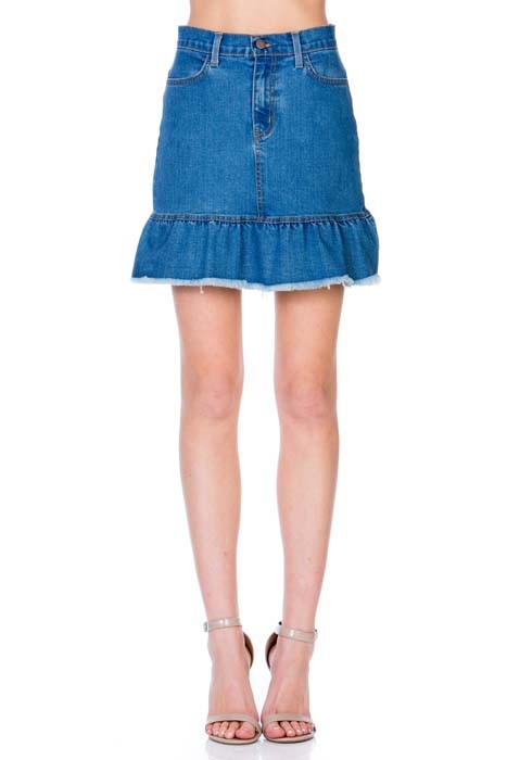 Serena High Waisted Ruffle Hem A-Line Denim Mini Skirt in Medium Wash - cropped, mini - view 7