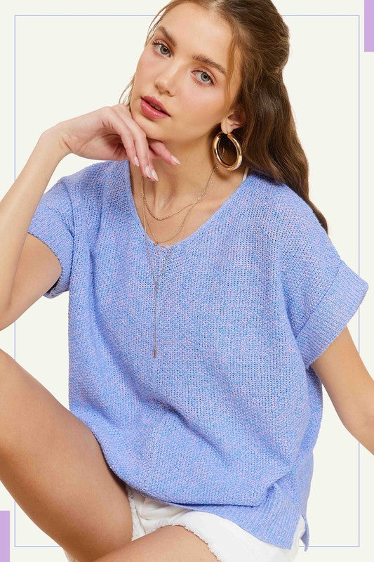 Serena Lightweight V-Neck Knit Sweater Top in PERIWINKLE - v neck, relaxed fit - front view