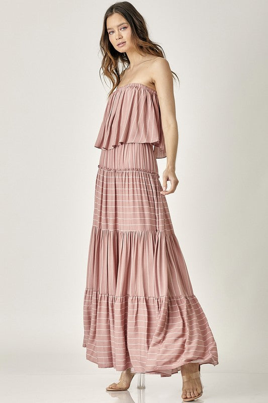 Serenata Tiered Tube Maxi Dress with Pin Stripes in DUSTY ROSE - relaxed fit, maxi - front view