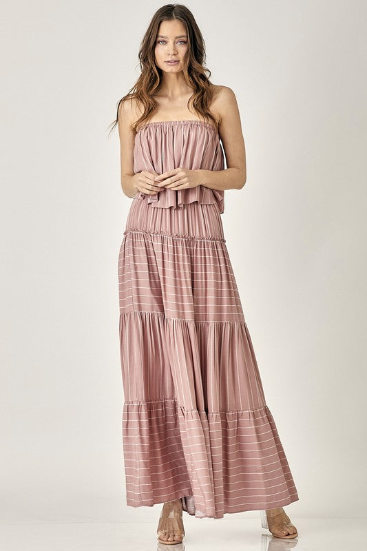 Serenata Tiered Tube Maxi Dress with Pin Stripes in DUSTY ROSE - relaxed fit, maxi - alternate view