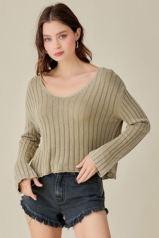 Serene V-Neck Ribbed Crop Sweater in DRIED MOSS - v neck, relaxed fit - front view
