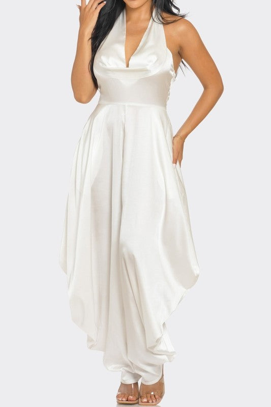 Serenity Halterneck Wide-Leg Formal Jumpsuit in WHITE - wide leg, satin - front view