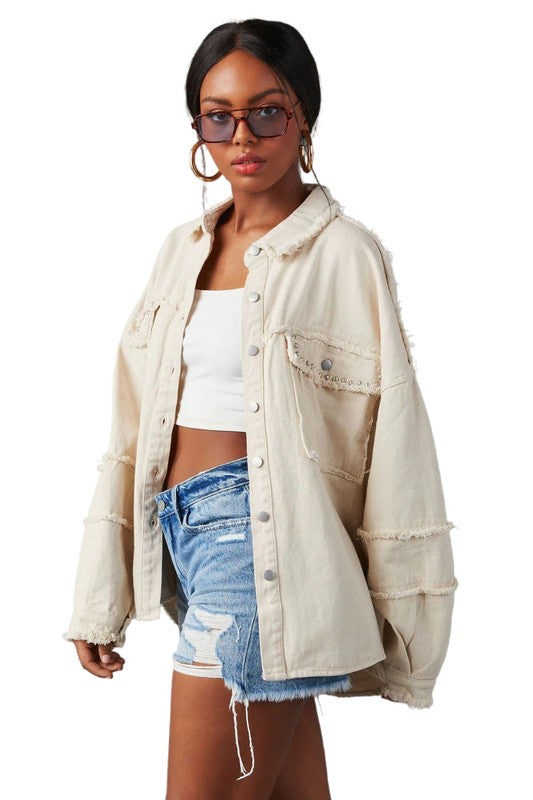 Serenity Oversized Frayed Denim Shirt in CREAM - slim fit, oversized - front view